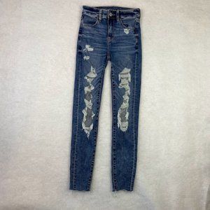 American Eagle Distressed Ripped Stretch Hi-Rise Jegging Sz 000 w/ 27.5" Inseam